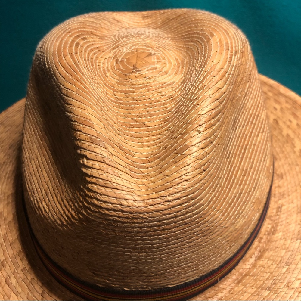 Tula of Austin, TX Straw Fedora w Striped Ribbon Band w Tula Medallion - Picture 6 of 12